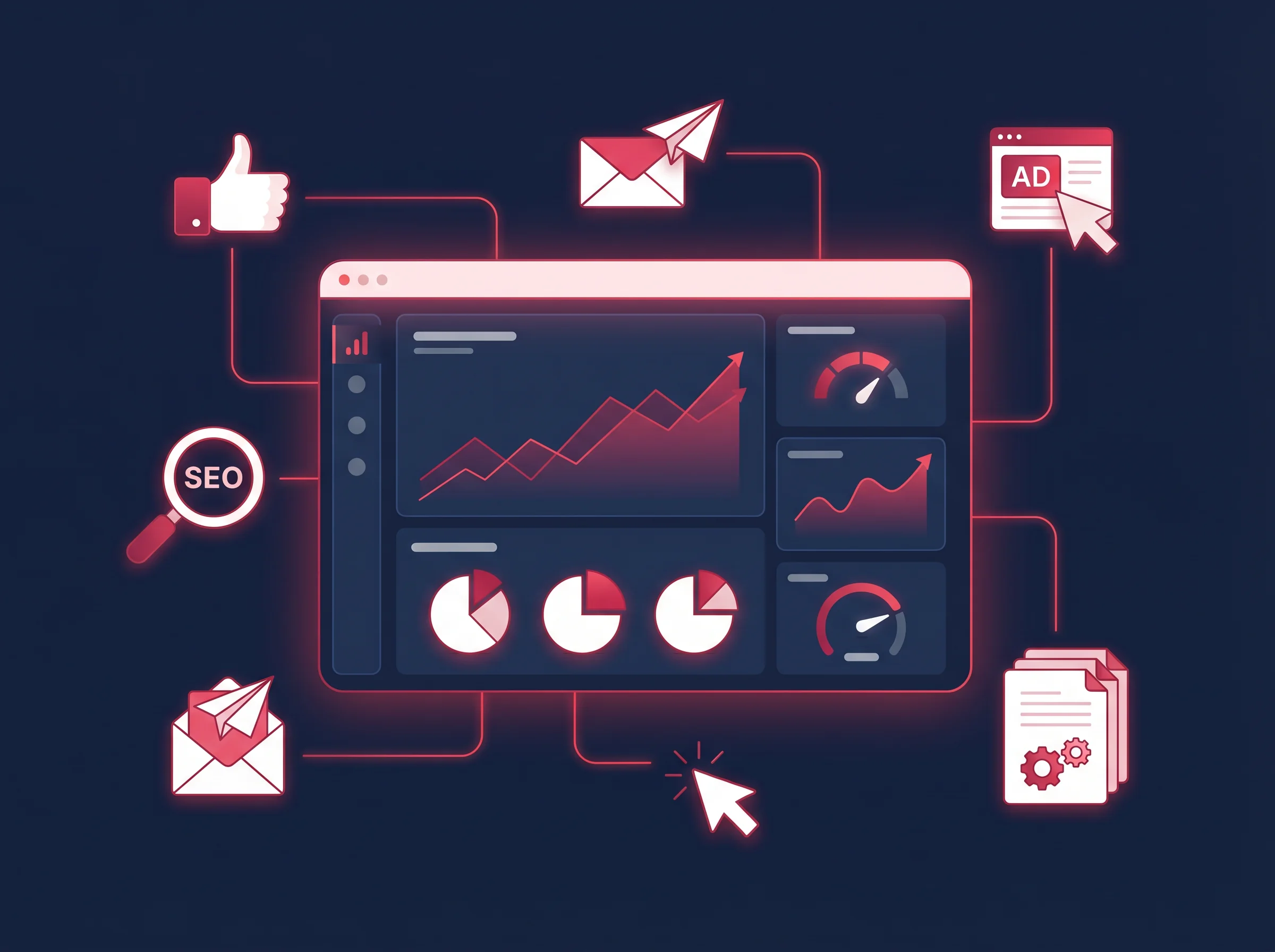 Digital marketing strategy dashboard with analytics, SEO, and advertising icons